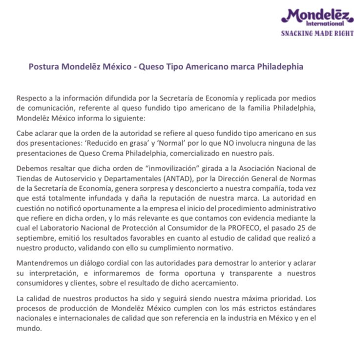 Comunicado de Mondeléz por la prohibición de la venta de quesos