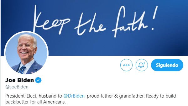 Joe Biden cambio su información de Twitter e Instagram asumiendo el cargo de presidente electo 
